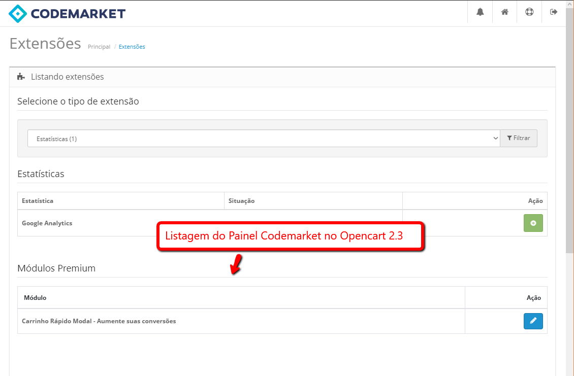 Listagem do Painel Codemarket em Extensões no Opencart 2.3