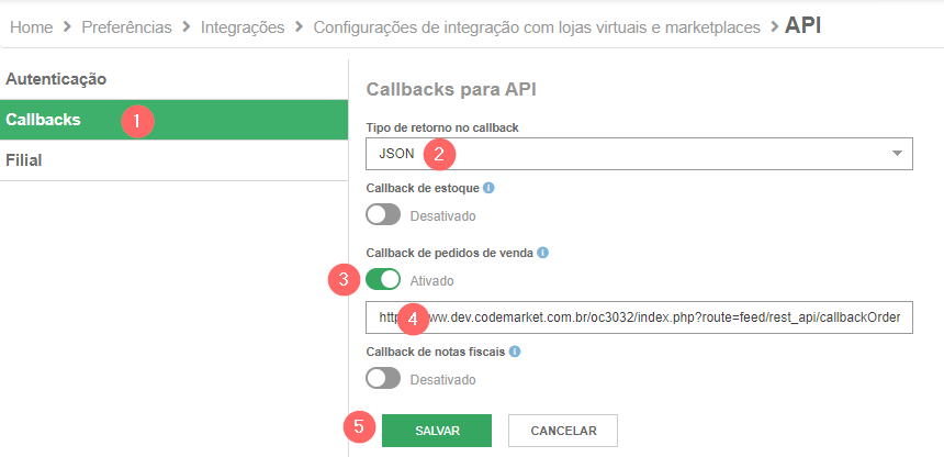 Configuração Callback Situação Pedido Bling ERP