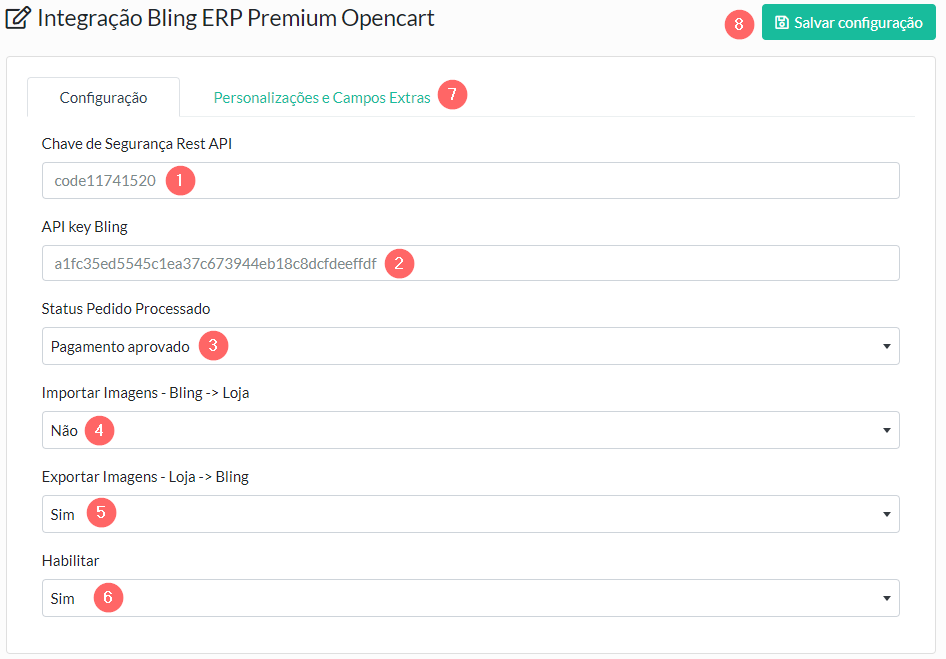 Tela de Configuração da melhoria Bling ERP Premium Opencart - Configuração Inicial