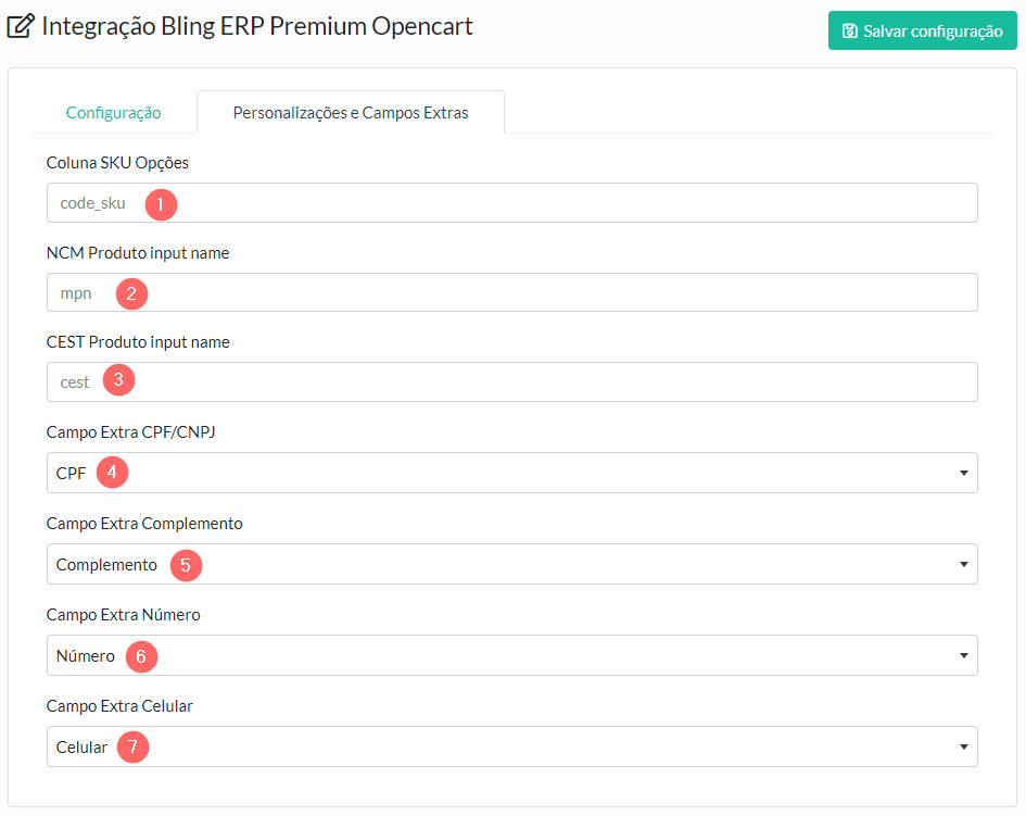 Tela de Configuração da melhoria Bling ERP Premium Opencart - Personalizações e Campos Extras