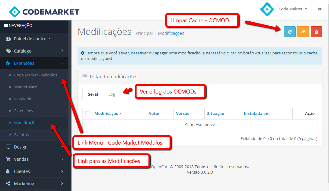 Tela modificações Opencart