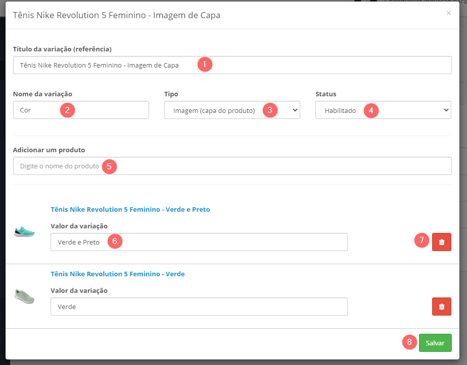 Modal para criar/editar a Variação no Produto Opencart